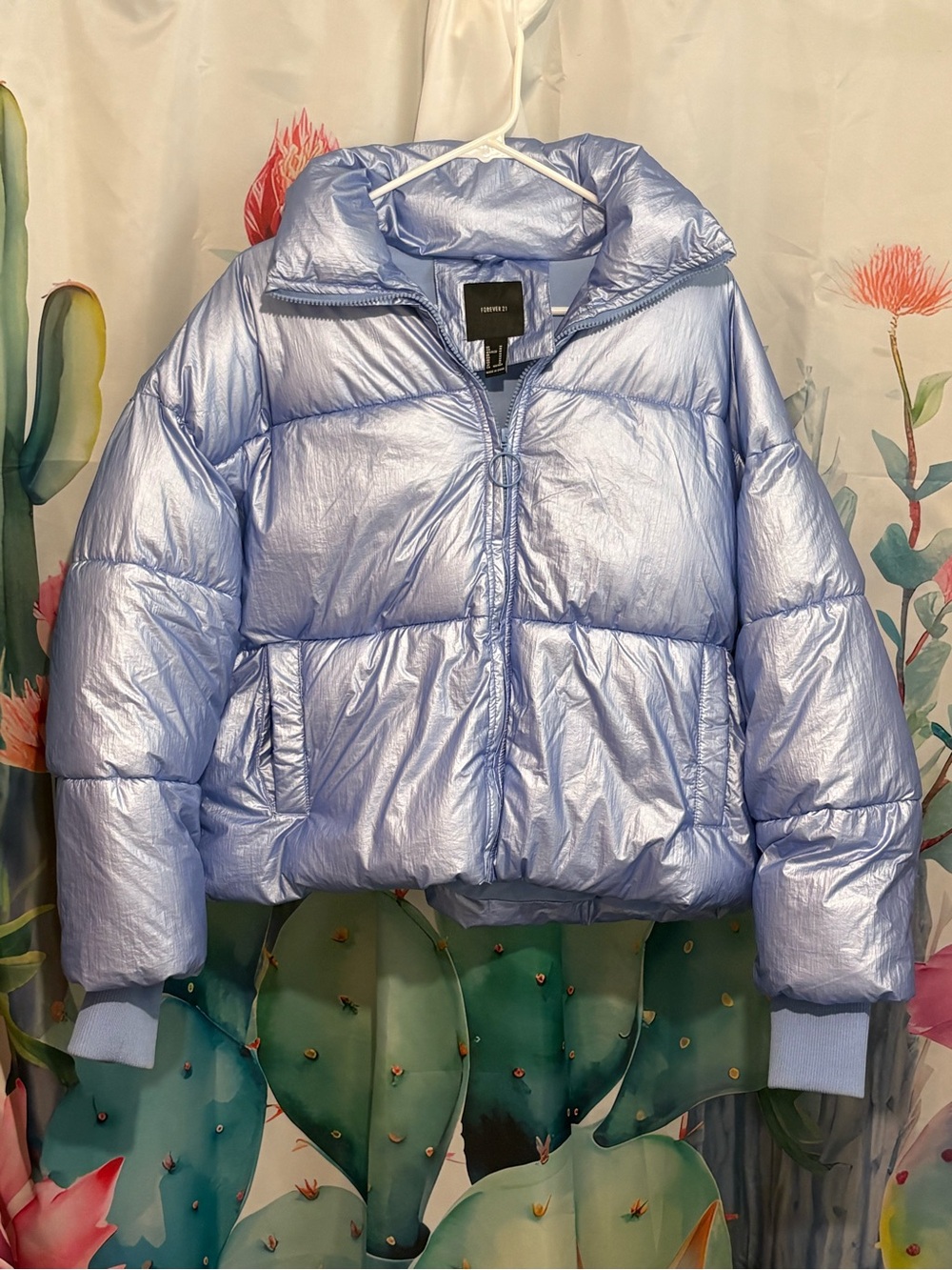 Forever 21 Blue Metallic Puffer Jacket Quilted Full Zip Long Sleeve Women’s M